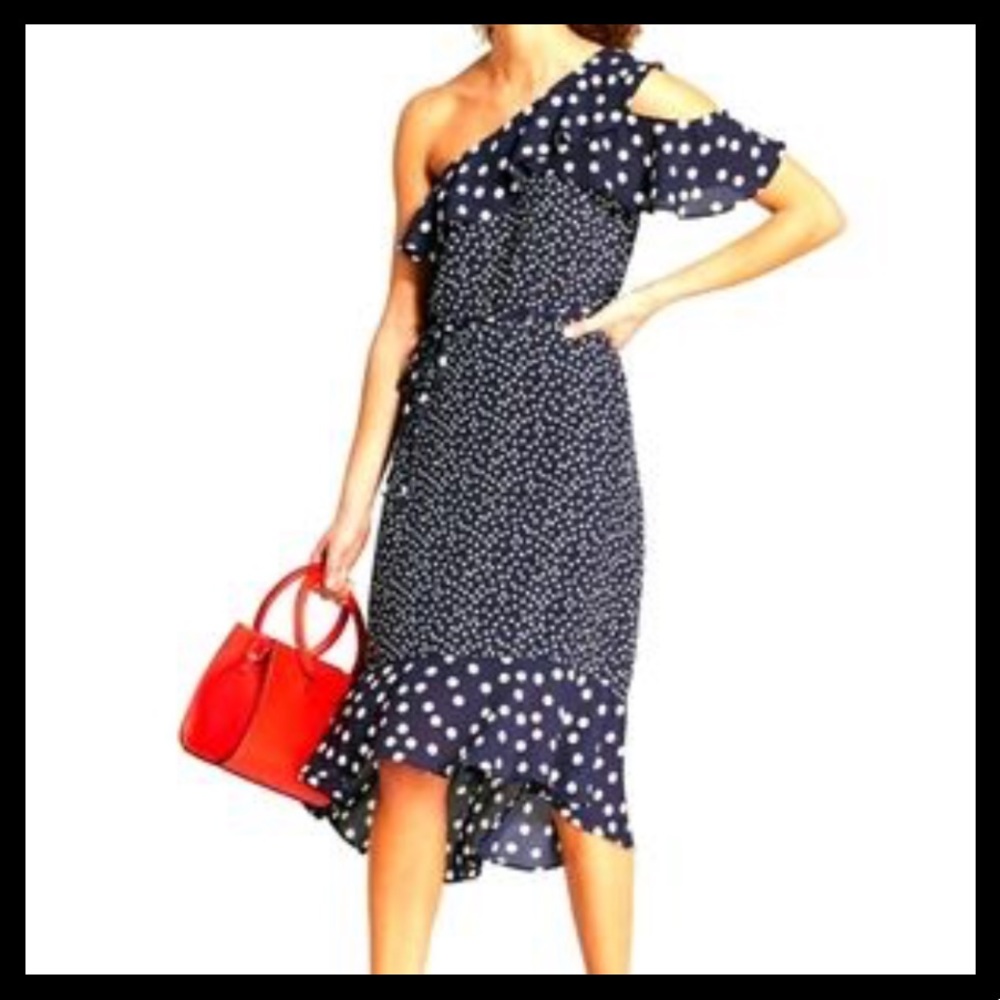 A New Day One Shoulder Midi Dress Navy with White Polka Dot, Ruffle High-low hem